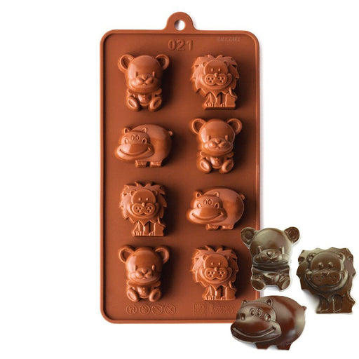 8-cavity lions and hippos silicone chocolate mold for making animal-shaped chocolates, candies, party treats and desserts.