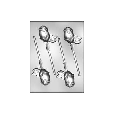 Long stem rose chocolate candy mold with four detailed rose lollipop cavities for chocolate and candy making