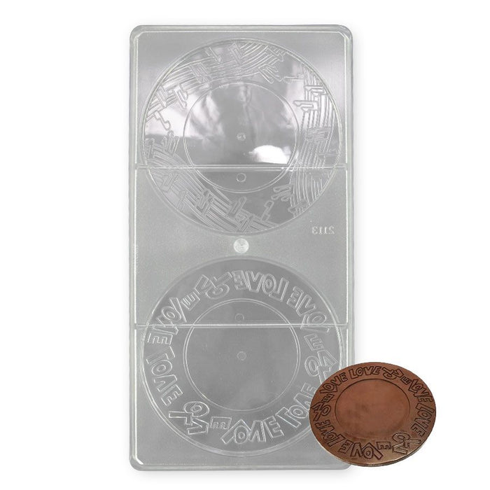 2-cavity Love DVD polycarbonate chocolate mold for making large round romantic chocolates for Valentine’s Day and special occasions.