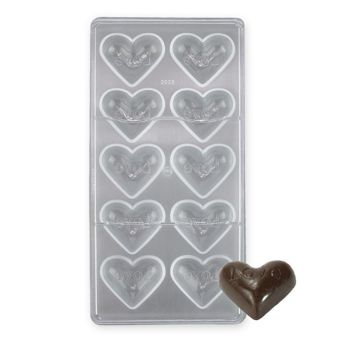 10-cavity Love Heart polycarbonate chocolate mold with decorative heart designs for Valentine’s Day, weddings and romantic chocolates.