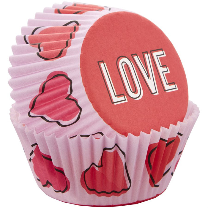 Love Standard Baking Cups 24 count featuring pink heart-themed Valentine's Day cupcake liners with LOVE design for cupcakes, muffins, and party treats.