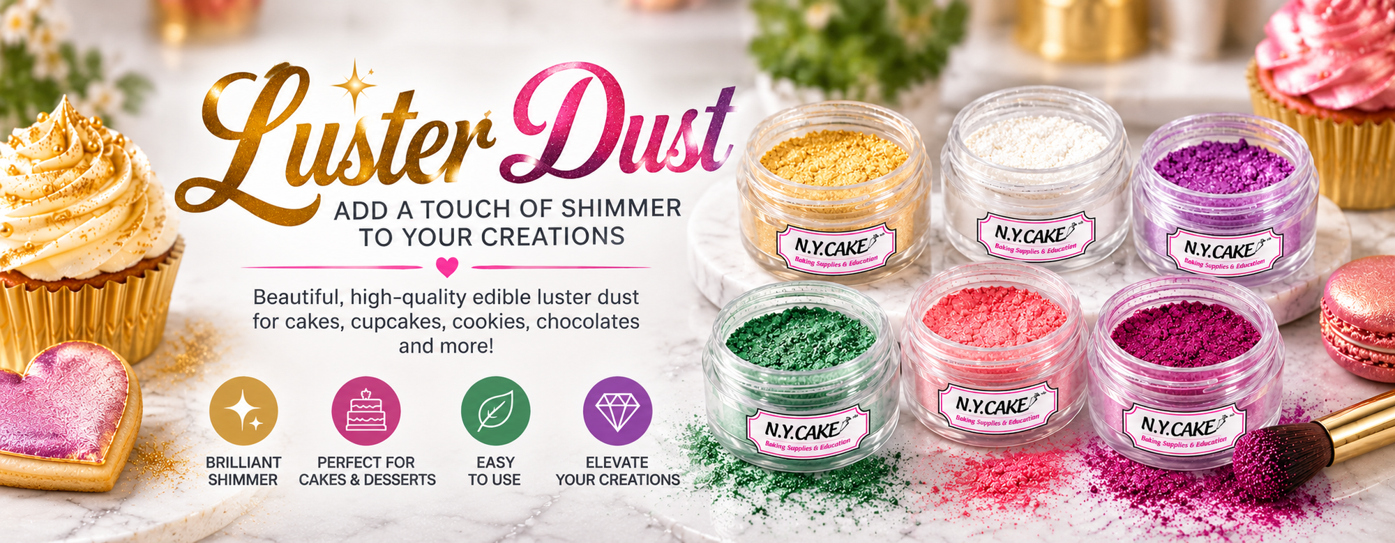 A promotional banner for NYCAKE Luster Dust, showing multiple small jars of colorful edible glitter dust (yellow, white, purple, green, pink, magenta) alongside decorated cupcakes and macarons on a white background with branding text.