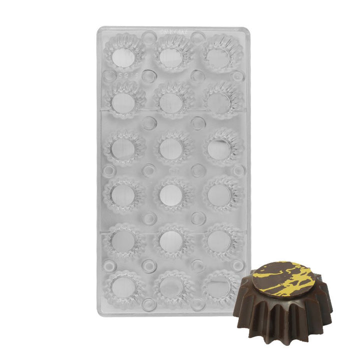 Magnetic polycarbonate chocolate molds with round, square, heart, triangle, and specialty cavities for bon bons, truffles, gourmet chocolates, and confectionery making.