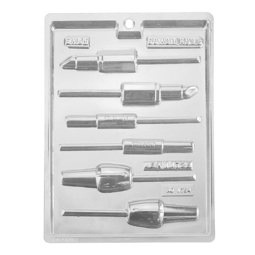 Makeup lollipop chocolate candy mold with lipstick, nail polish and eyeliner shaped cavities for chocolate and candy making