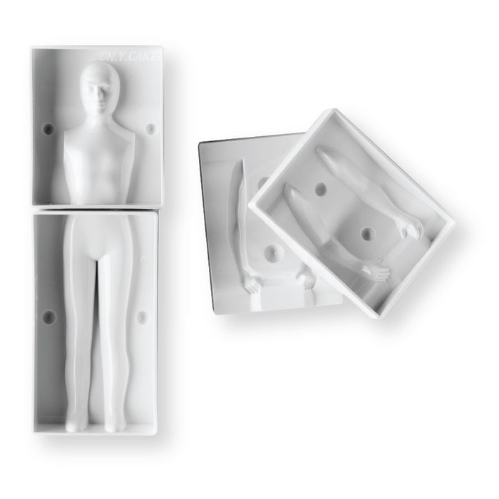 6-piece silicone fondant mold set for creating 3D adult male figures with torso, arms, and legs for cakes, fondant, gum paste, and modeling chocolate.