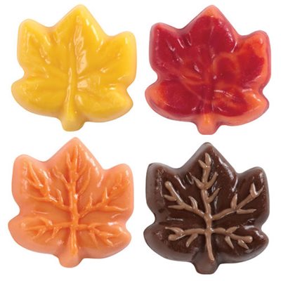 Maple leaf chocolate candy decorations in yellow, red, orange and brown made with Wilton maple leaf candy mold