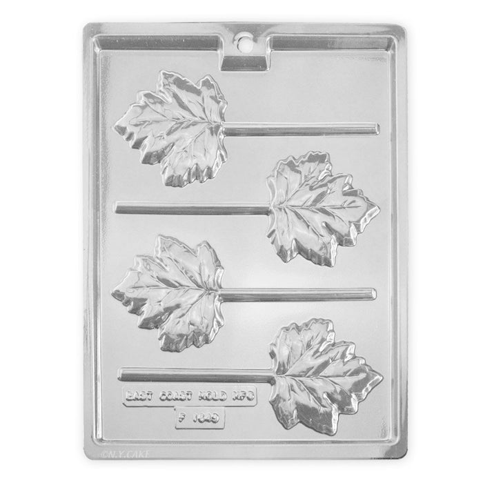 Maple leaf lollipop chocolate candy mold featuring detailed autumn leaf cavities for Thanksgiving treats, fall desserts, and seasonal favors.