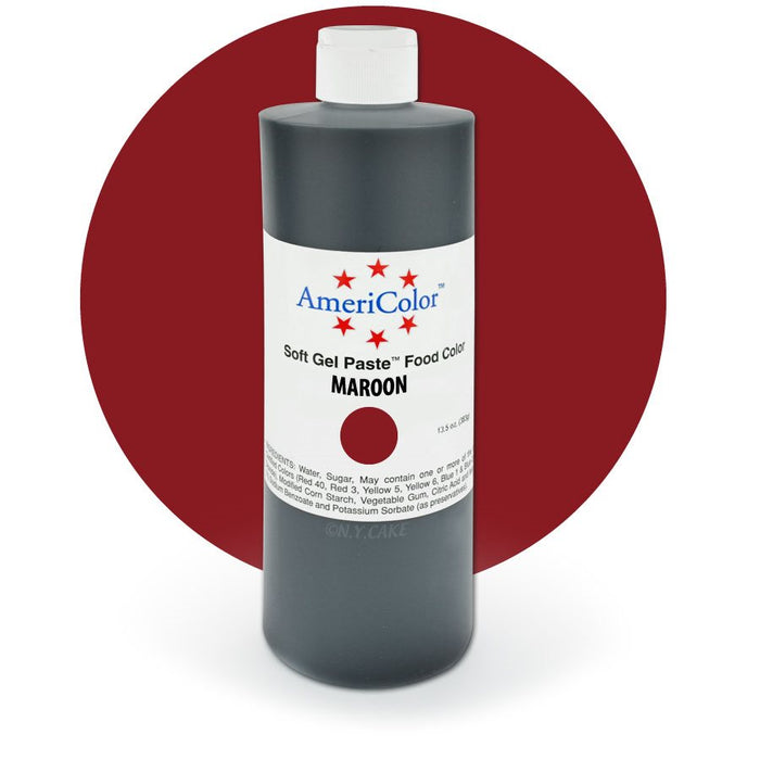 AmeriColor Maroon Soft Gel Paste food coloring 13.5 oz bottle for cake decorating, buttercream, fondant, royal icing, cookies, and desserts.