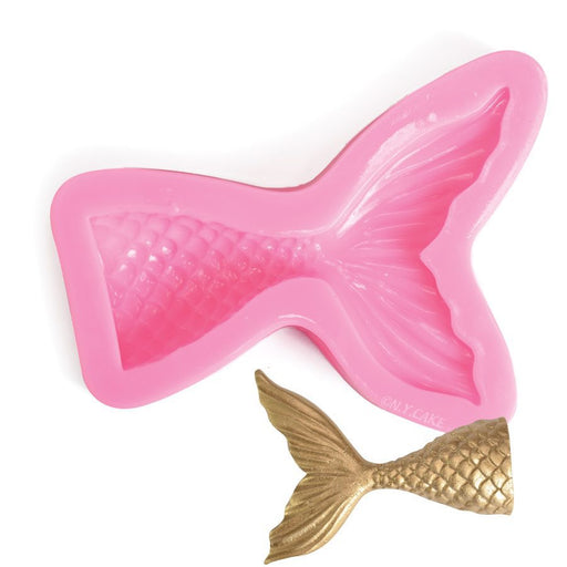 Pink large mermaid tail silicone fondant mold with detailed scale texture for creating edible cake toppers, fondant decorations, gum paste accents, chocolate decorations, and mermaid-themed desserts.