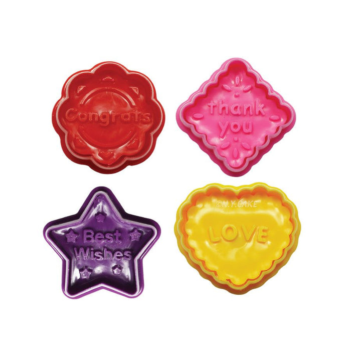 Message fondant and pie cutter set of 4 with Congrats Thank You Best Wishes and Love designs