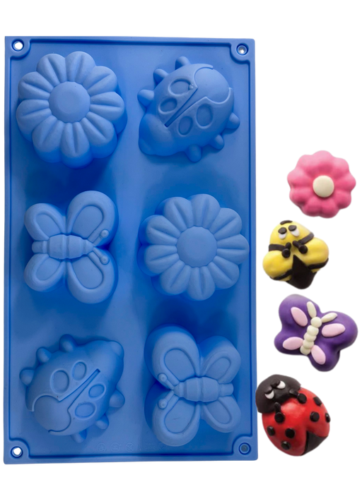 Blue silicone baking mold with bee, butterfly, daisy, and ladybug cavities for chocolates, candies, desserts, and creative baking