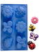 Blue silicone baking mold with bee, butterfly, daisy, and ladybug cavities for chocolates, candies, desserts, and creative baking