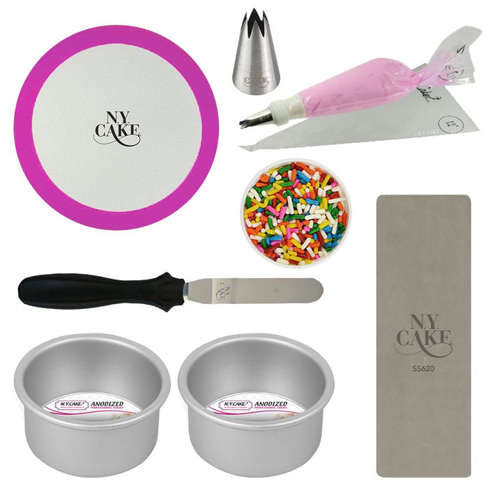 Mini cake decorating kit with 3 inch pans piping tools mat and sprinkles