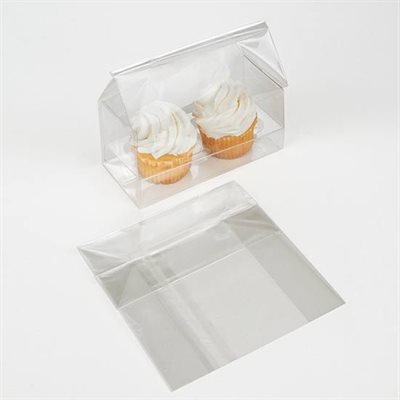 Clear mini cupcake favor bag with insert holding two mini cupcakes, bakery packaging bag 5 x 2.25 x 5 inches pack of 100.