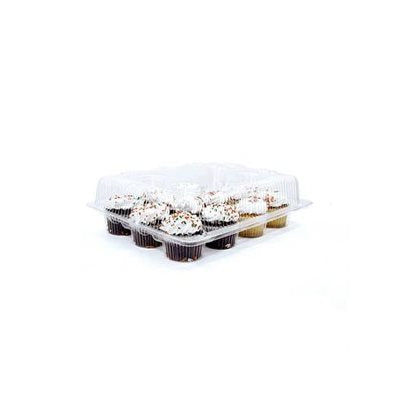 Clear hinged plastic mini cupcake container with 12 cavities for displaying and transporting mini cupcakes