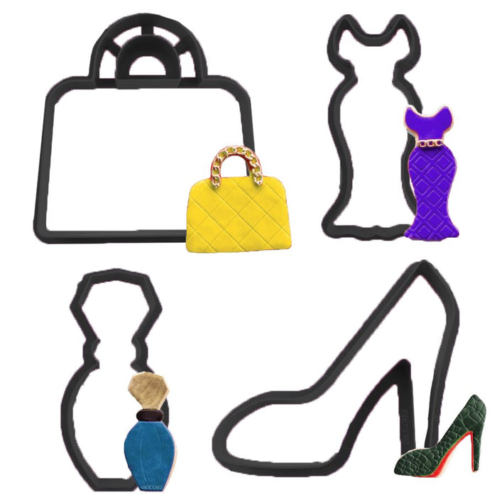 Mini Fashionista cookie cutter set with dress, high heel shoe, purse and perfume bottle cutters for cookies, fondant and cake decorating.