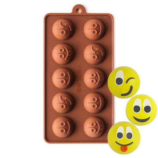 10-cavity mini happy faces emoji silicone chocolate mold for making fun chocolates, candies and party treats.