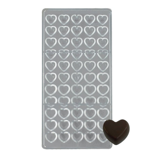 Polycarbonate chocolate mold featuring 55 mini heart-shaped cavities, including rounded-top and flat-top designs, for creating glossy chocolates and candy favors.