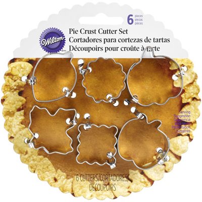 Wilton mini pie crust cutter set with 6 stainless steel leaf, pumpkin and scalloped pastry cutters, approximately 1.5 inches each