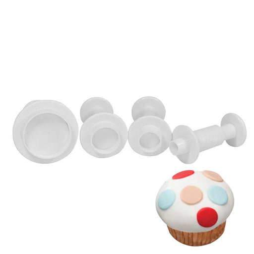Mini Round Plastic Plunger Cutter Set of 4 for fondant, gum paste, cookies, cupcakes and cake decorating with multiple round circle sizes.