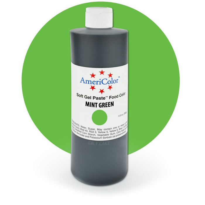 AmeriColor Mint Green Soft Gel Paste food coloring 13.5 oz bottle for cake decorating, buttercream, fondant, royal icing, cookies, and desserts.