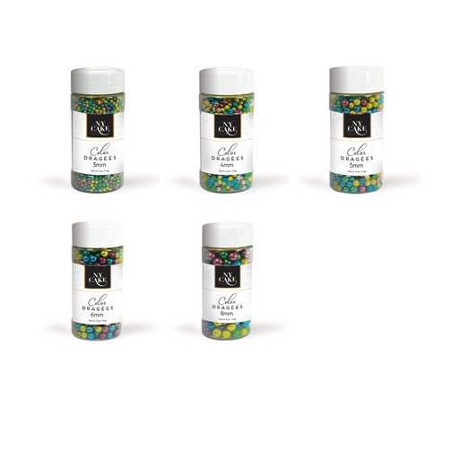 Multicolor dragees decorative cake pearls in assorted colors and sizes for cake decorating, cupcake accents, cookie decorations, and dessert displays.