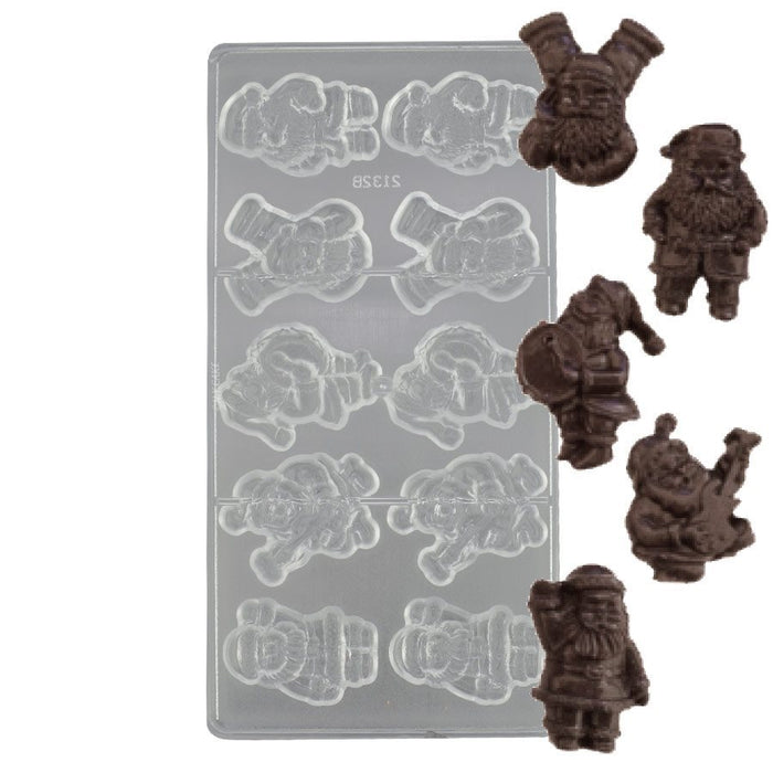 Polycarbonate chocolate mold featuring 10 Musical Santa cavities for creating detailed Christmas chocolates with a glossy professional finish.