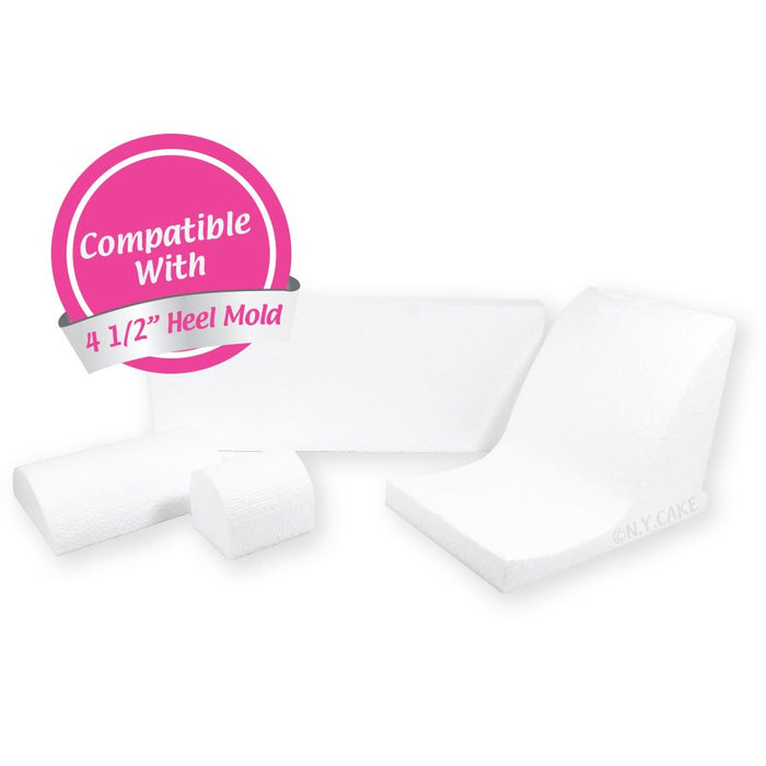 White foam high heel shoe cake drying ramp support tool for fondant and gum paste cake decorating projects.