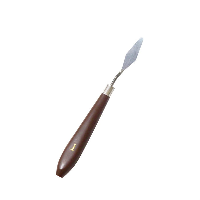 Mini offset icing spatula with 1.5 inch diamond-shaped stainless steel blade for cake decorating, icing, cookies, cupcakes, and pastry work.