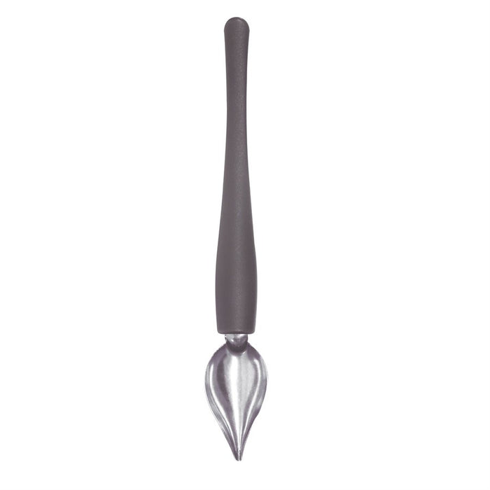 Small stainless steel chocolate drizzle scooper with silicone grip handle for dessert decorating and candy work.