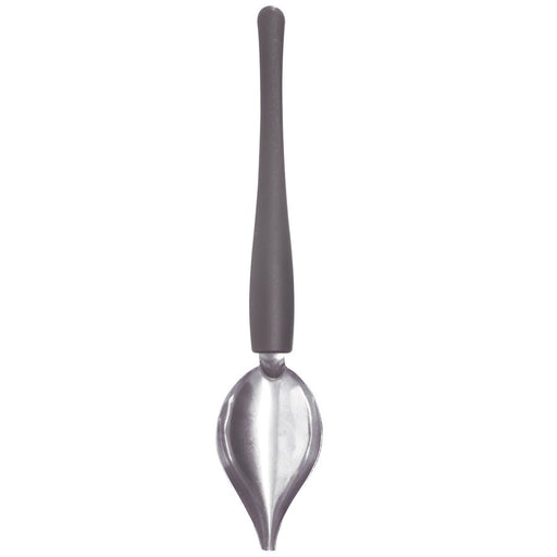 Large stainless steel chocolate drizzle scooper with silicone grip handle for dessert decorating and candy making.