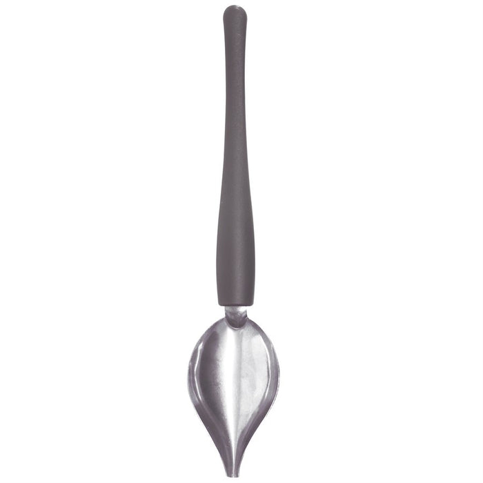 Large stainless steel chocolate drizzle scooper with silicone grip handle for dessert decorating and candy making.