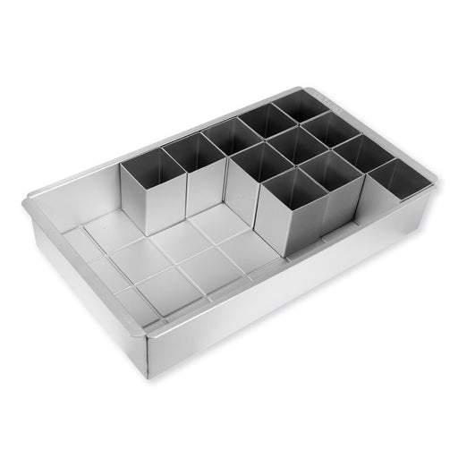 Adjustable alphabet and number cake pan with removable blocks for creating custom letter cakes and number cakes for birthdays and celebrations