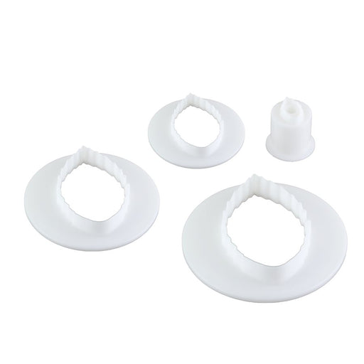 White rose leaf cutter set with four fondant and gum paste cutter sizes for floral cake decorating and sugar flowers.
