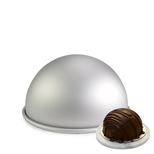 4 inch anodized aluminum hemisphere cake pan for dome cakes, mousse desserts, sphere cakes, and novelty baking creations.