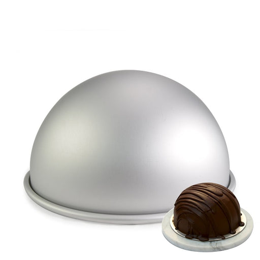 6 inch anodized aluminum hemisphere cake pan for dome cakes, mousse desserts, sphere cakes, and novelty baking creations.