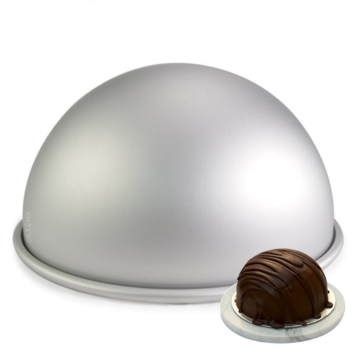 8 inch anodized aluminum hemisphere cake pan for dome cakes, mousse desserts, chocolate spheres, and novelty baking creations.