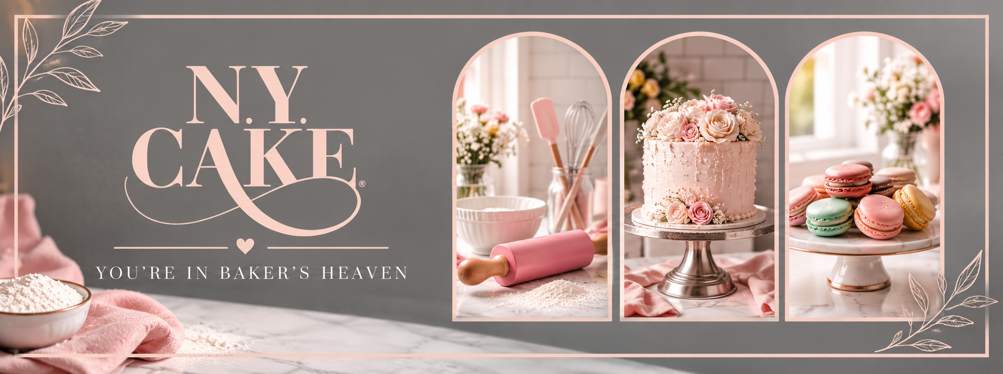 NY Cake banner featuring baking tools, a pink floral decorated cake, and colorful macarons in an elegant bakery setting.