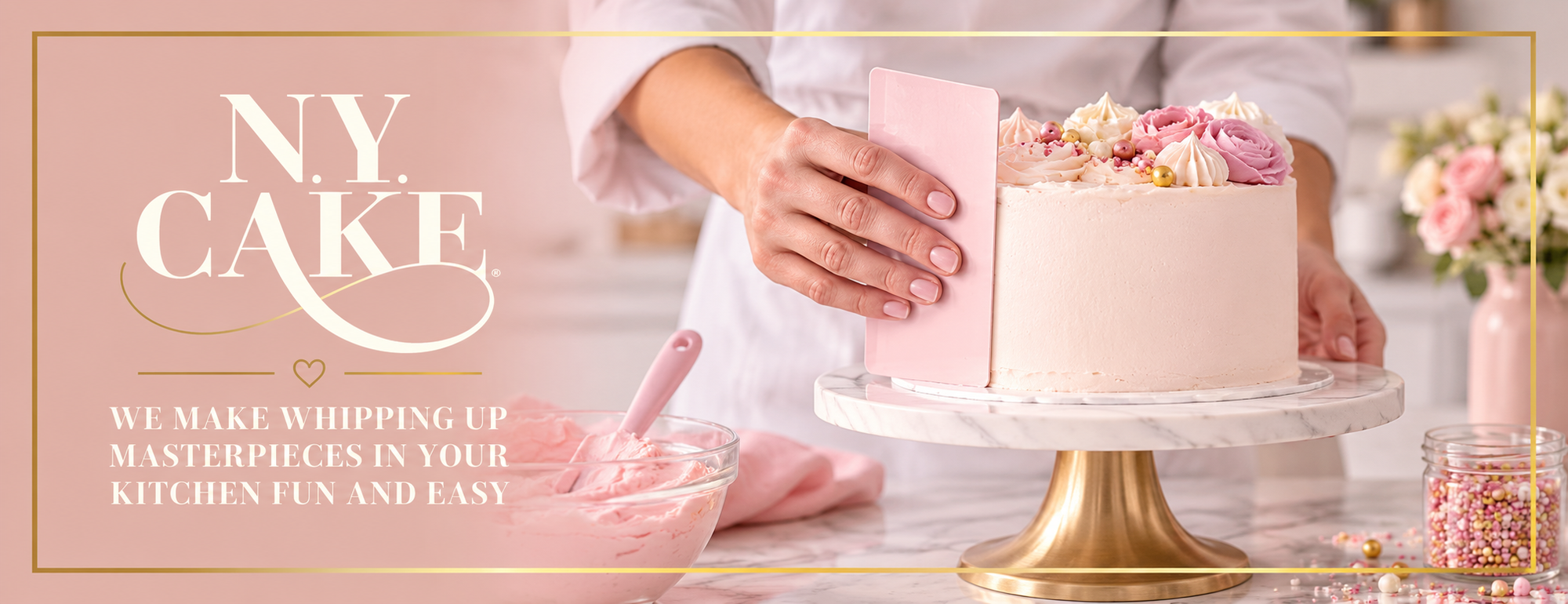 NY Cake banner featuring a baker smoothing pink frosting on a decorated cake with a cake scraper, turntable, frosting, and sprinkles.
