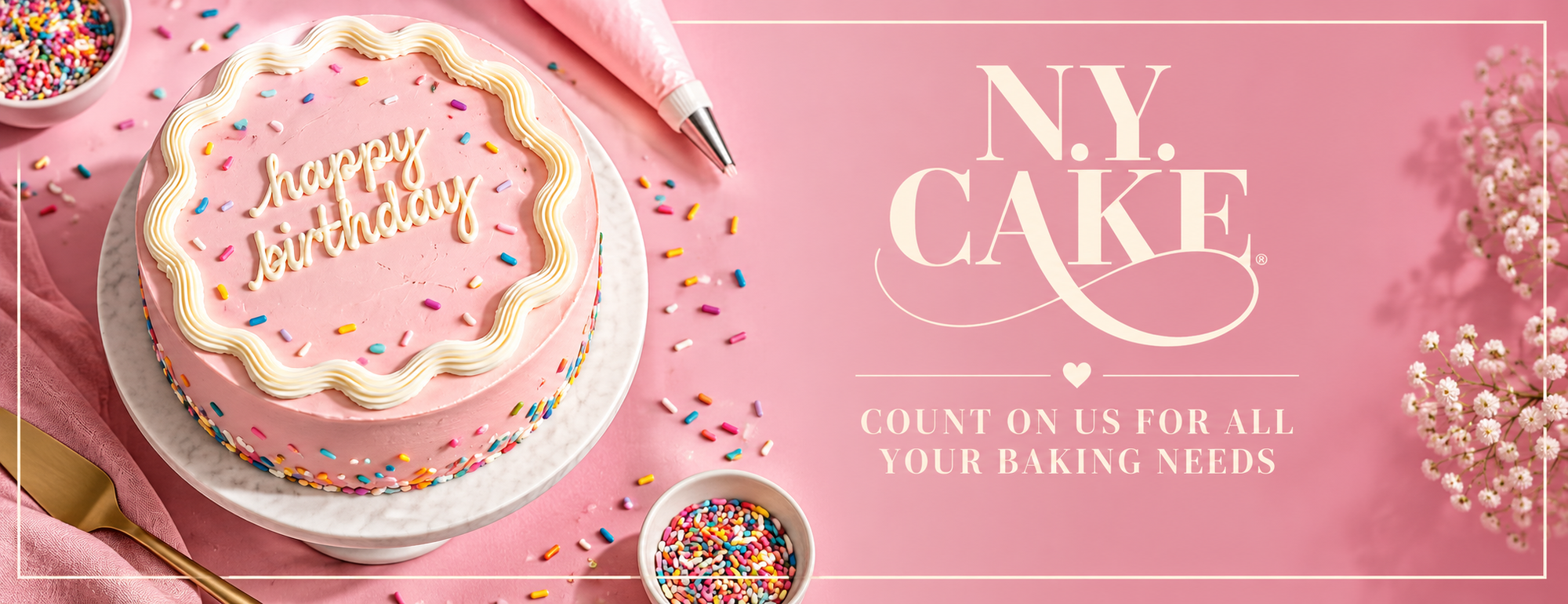 NY Cake banner featuring a pink birthday cake with colorful sprinkles, piping bag, baking decorations, and the message “Count on us for all your baking needs.”
