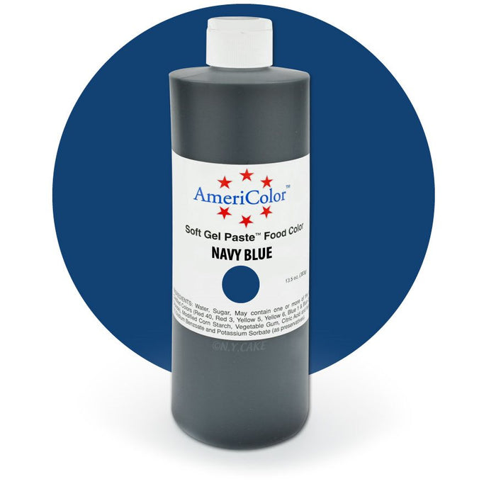AmeriColor Navy Blue Soft Gel Paste food coloring 13.5 oz bottle for cake decorating, buttercream, fondant, royal icing, cookies, and desserts.