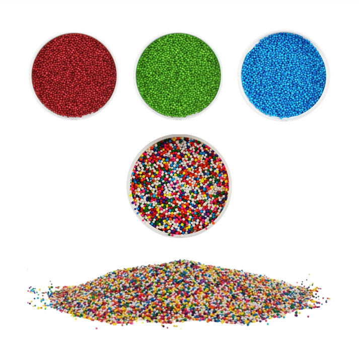 Colorful nonpareils sprinkles edible sugar beads for cake decorating, cupcakes, cookies, brownies, cake pops, chocolates, and desserts.