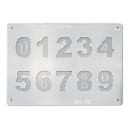 Numbers 2-piece acrylic chocolate mold featuring cavities for digits 0 through 9 used for making detailed chocolate, fondant, and candy decorations.