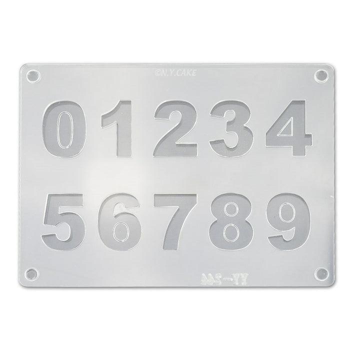 Numbers 2-piece acrylic chocolate mold featuring cavities for digits 0 through 9 used for making detailed chocolate, fondant, and candy decorations.