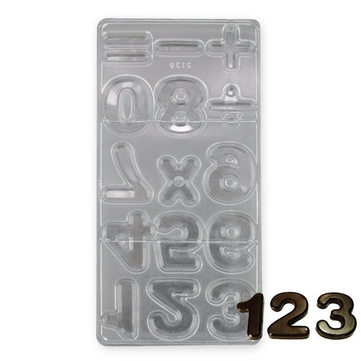 Polycarbonate chocolate mold featuring 15 number-shaped cavities for creating glossy chocolates for birthdays, anniversaries, graduations, and special celebrations.