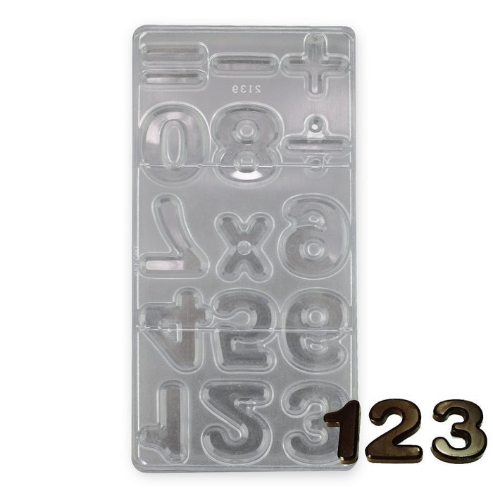 Polycarbonate chocolate mold featuring 15 number-shaped cavities for creating glossy chocolates for birthdays, anniversaries, graduations, and special celebrations.