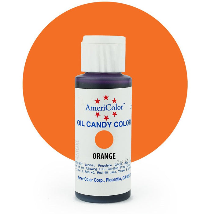 AmeriColor Orange oil-based candy color 2 oz bottle for coloring chocolate, candy coatings and confections.