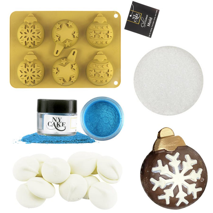 Christmas ornament hot cocoa bomb decorating kit with silicone mold, white chocolate, sanding sugar and decorating dust
