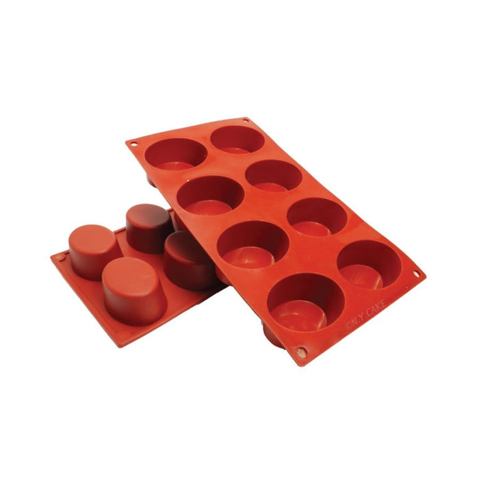 Red 12 cavity silicone oval baking mold with 3.4 oz cavities for cakes, mousse desserts, chocolates, pastries, brownies, and candy making.