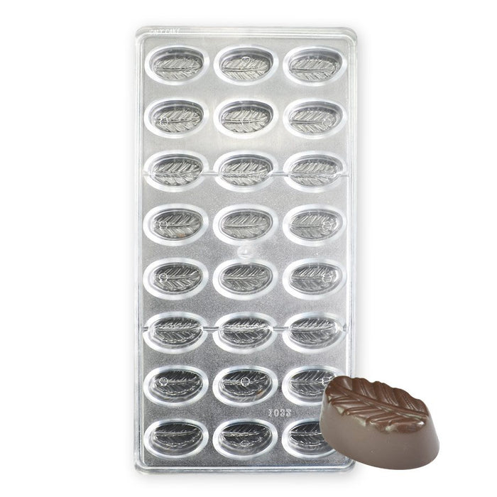 Polycarbonate chocolate mold featuring 24 oval leaf-pattern cavities for creating glossy artisan chocolates, bonbons, and truffles.